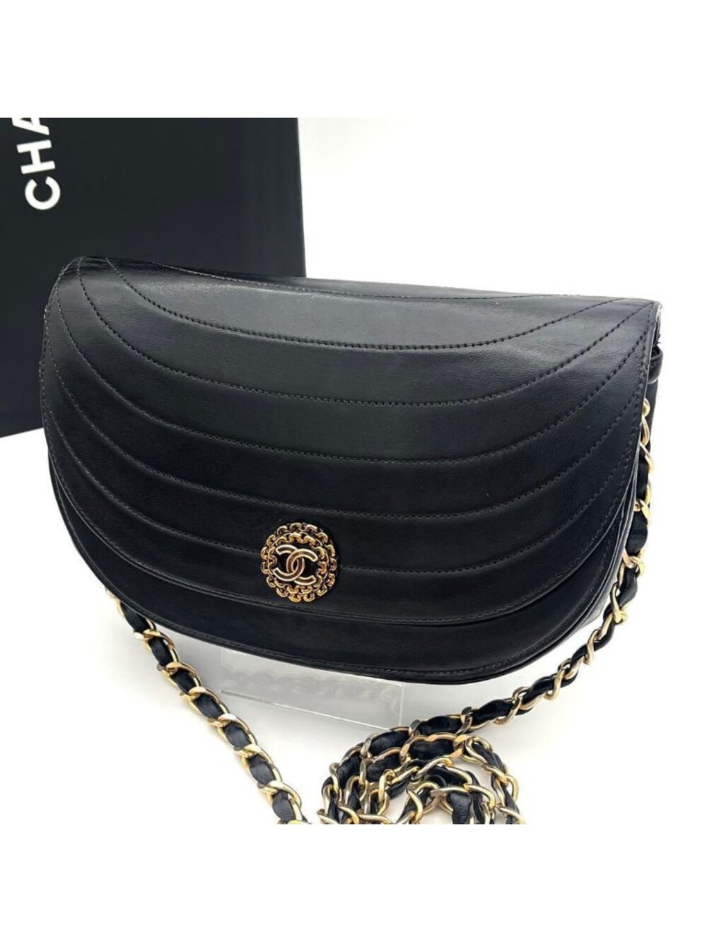 Chanel Chain Shoulder Lambskin Black CC Logo Half Moon